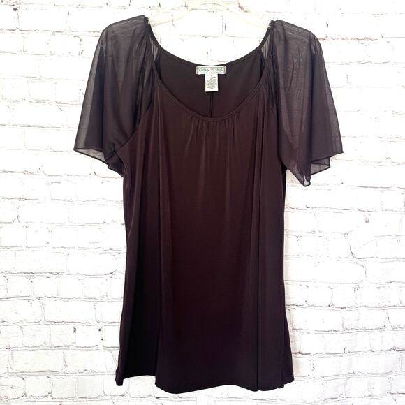 Vintage Suzie Wms L Brown Jersey Knit Tunic Top Sheer Flared Sleeves - Picture 8 of 8